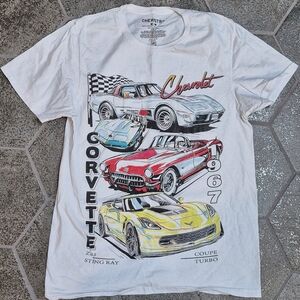 Chemistry White Graphic Tee with Yellow, Red, Blue Car Illustrations